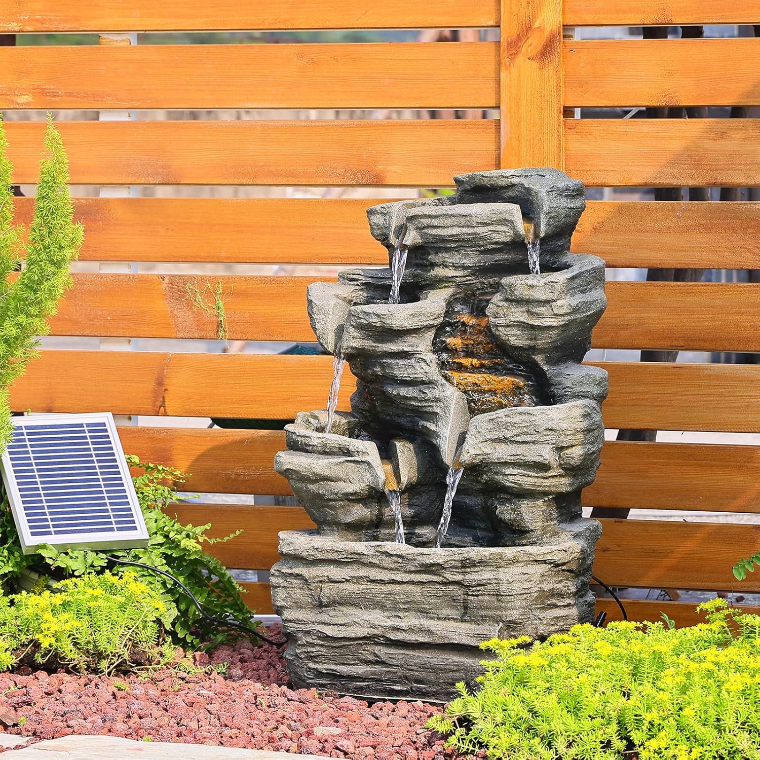 6 Tier Cascading Rock Solar Water Fountain Outdoor Garden Waterfall Decor for Garden, Patio, Backyard, Deck, Porch and Home Art Decor,24.4" H Outdoor Fountain with LED Lights