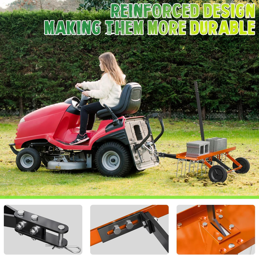 48 Inch Orange Tow-Behind Dethatcher with 24 Spring Steel Tines, Pull Dethatcher for Outdoor Yard Care, Garden Farm Grass Tractor Rake to Remove Thatch, Leaves and Needles from Large Lawn Areas