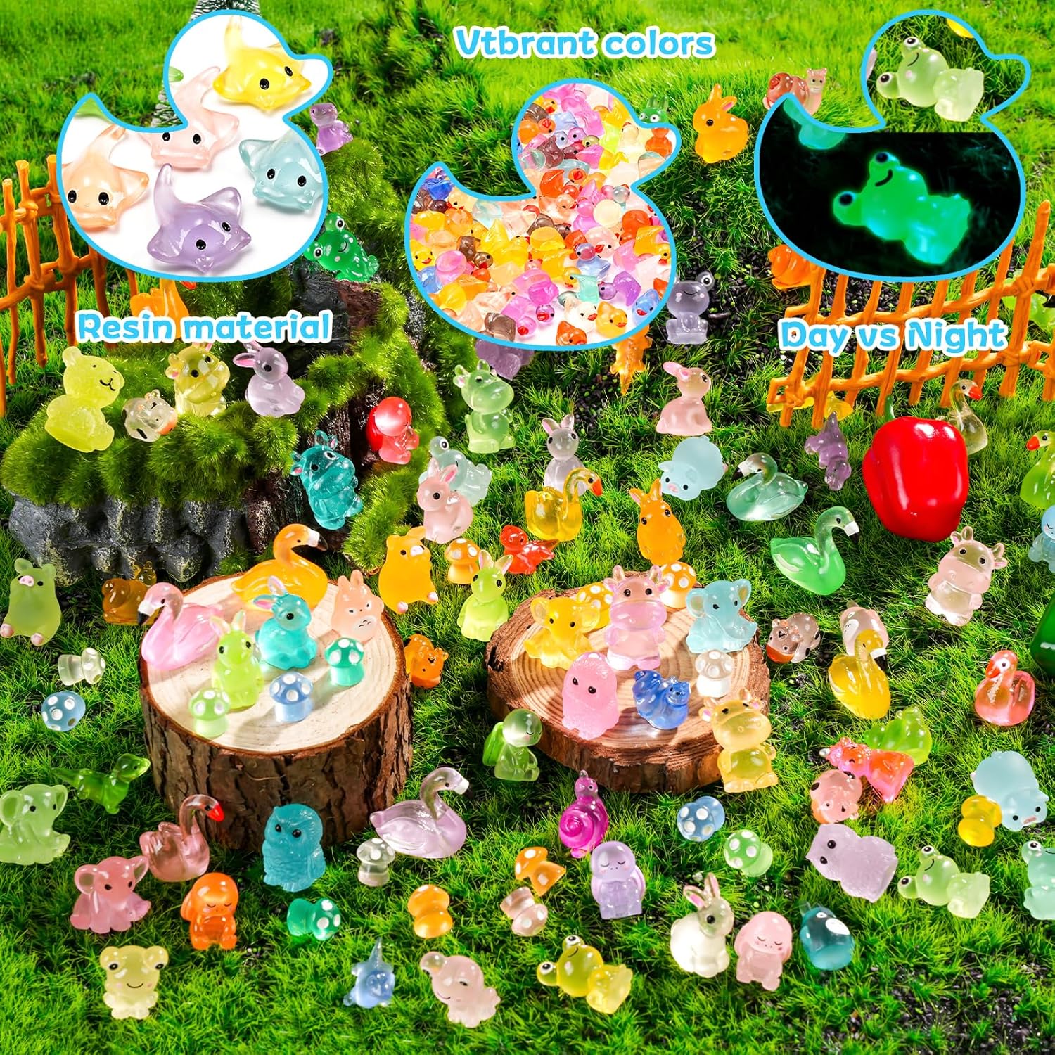 300 Pcs Luminous Mini Resin Animal in The Dark Mini Resin Figurines with 25 Styles Duck Frog Rabbit Owl Mushroom Shapes for Fairy Garden Accessories Micro Landscape Bonsai Aquarium Outdoor Decor