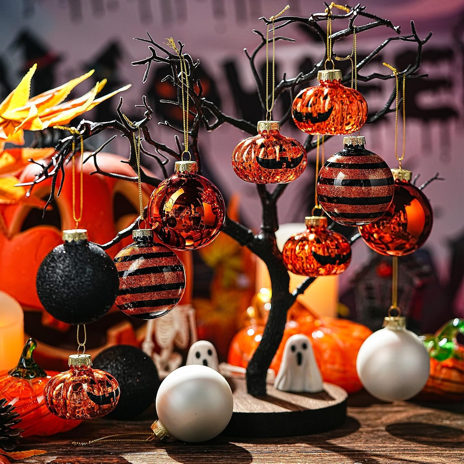 Halloween Tree Ornament Decorations Indoor, 12-Pack Pumpkin Decorative Hanging Ball Ornaments Set for Halloween Christmas Tree, Cute Holiday Party Indoor Home Decor
