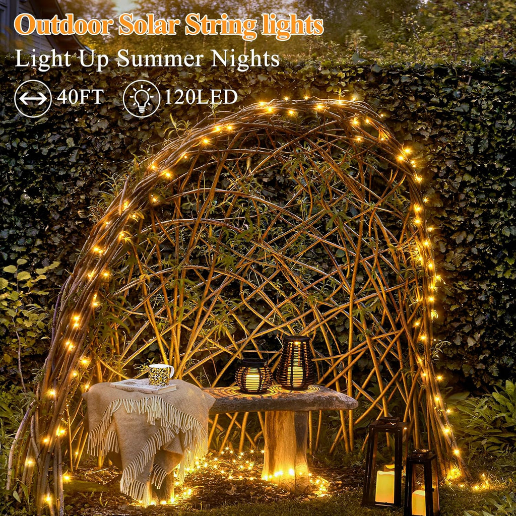 Solar String Lights 120LED 40FT, IP67 Waterproof Solar Lights for Outside with 8 Lighting Modes, Upgraded Solar Panel Fairy Lights for Garden Party Wedding Decorations (Warm White)
