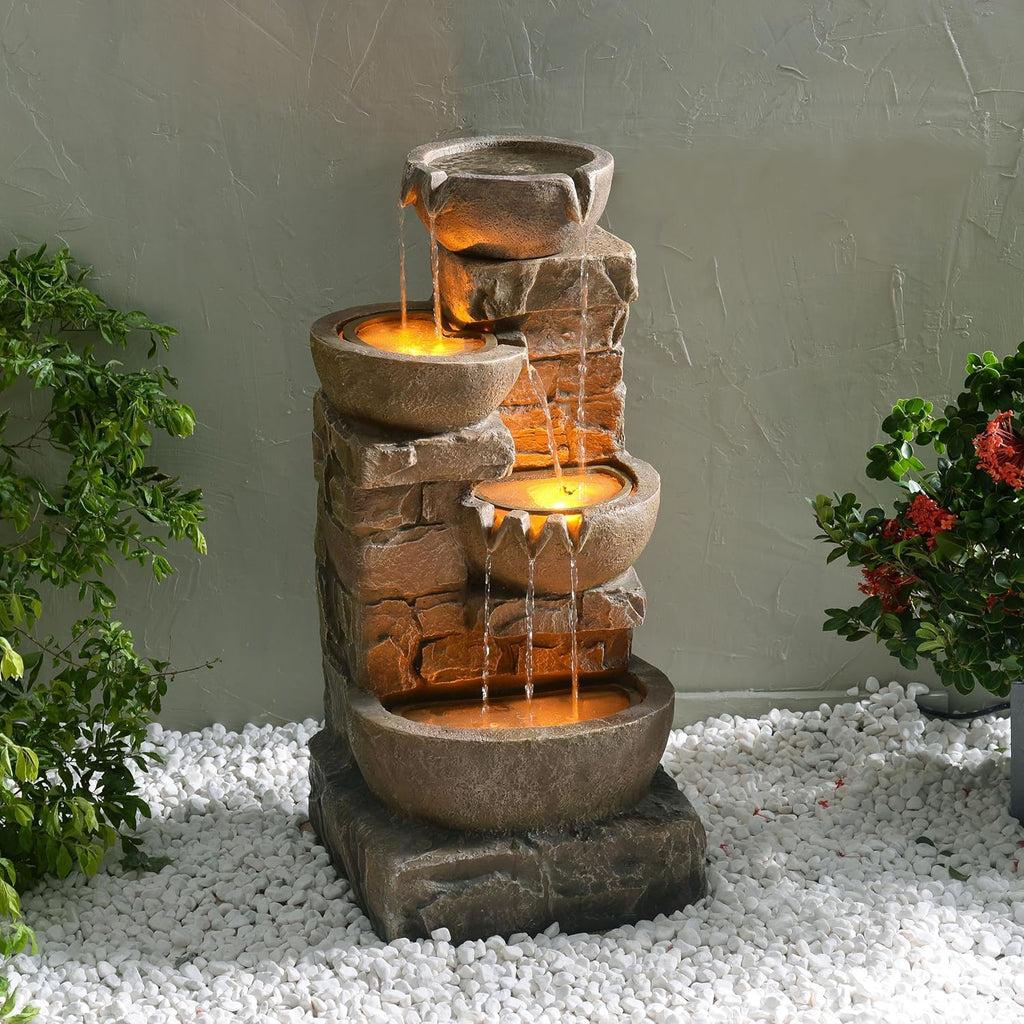 Teamson Home 33.27" Outdoor Freestanding Water Fountain with LED Lights, Cascading Bowls & Stacked Stones, Floor Fountain for Patio, Garden, Balcony, Lawn, Yard Decor, Brown Polyresin