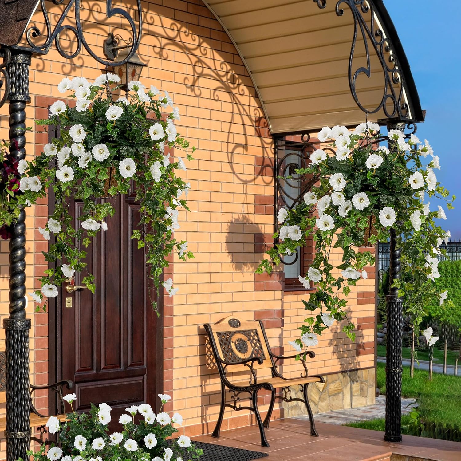 Artificial Flowers Faux Outdoor Plants Artificial Petunias for Outdoors Uv Resistant Fake Petunias Plants Hanging Flower Patio Decor Outside Basket Realistic Silk Plant No Pot(White 2pcs)