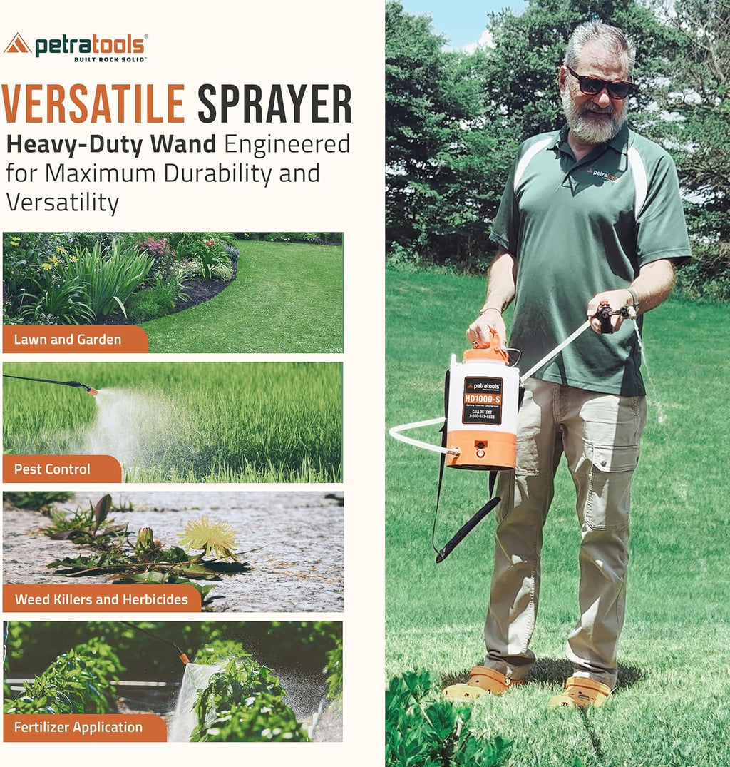 PetraTools Battery Powered Sprayer 1 Gallon - HD1000-S - Heavy Duty Electric Sprayer for Lawn and Garden Weed/Pest Control, Watering - with Battery, Charger & 2 Nozzles (1 Gallon)