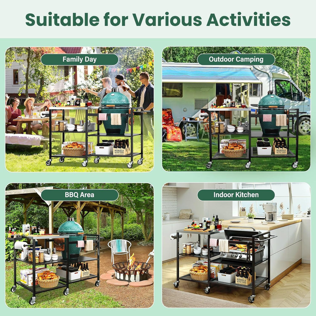 TC-HOMENY Grill Table for Big Green Egg Stand, Metal Cooking Table Stand with Wheels, Heavy Duty Outdoor Movable Style BBQ Grill Cart, Grill Holder Compatible with Large Big Green Egg and Other Models