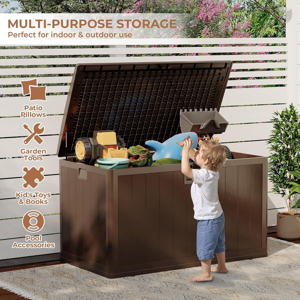 130Gallon Brown Resin Deck Box, Outdoor Storage Box Waterproof Lockable, Patio Deck Box For Package Delivery, Outside Storage Box Container for Furniture Cushions, Garden Tools, Pool Accessories