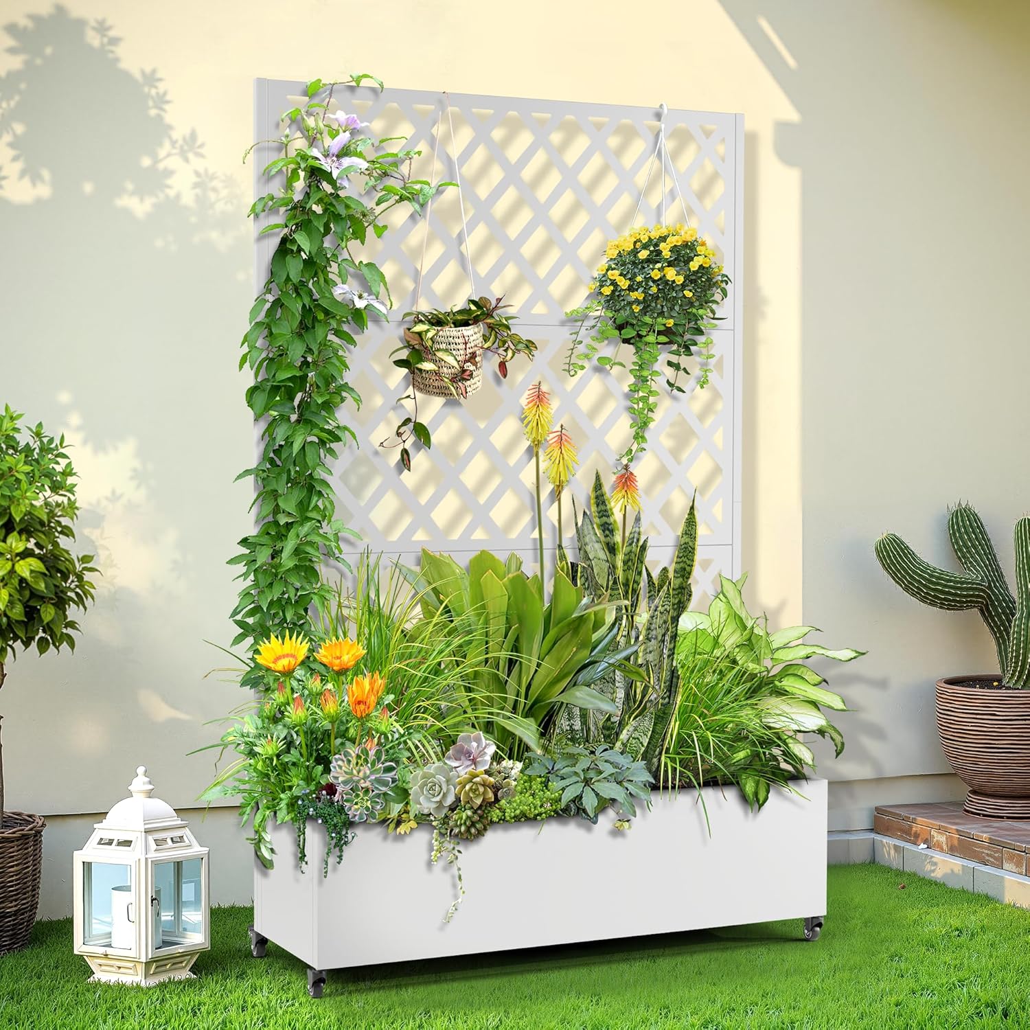 Metal Planter Trellis Box with Wheels & Drain Plug Outdoor Raised Garden Bed Patio Privacy Screen with Planter for Climbing Plants, Vegetables 73"x47"x16" White-Diamond