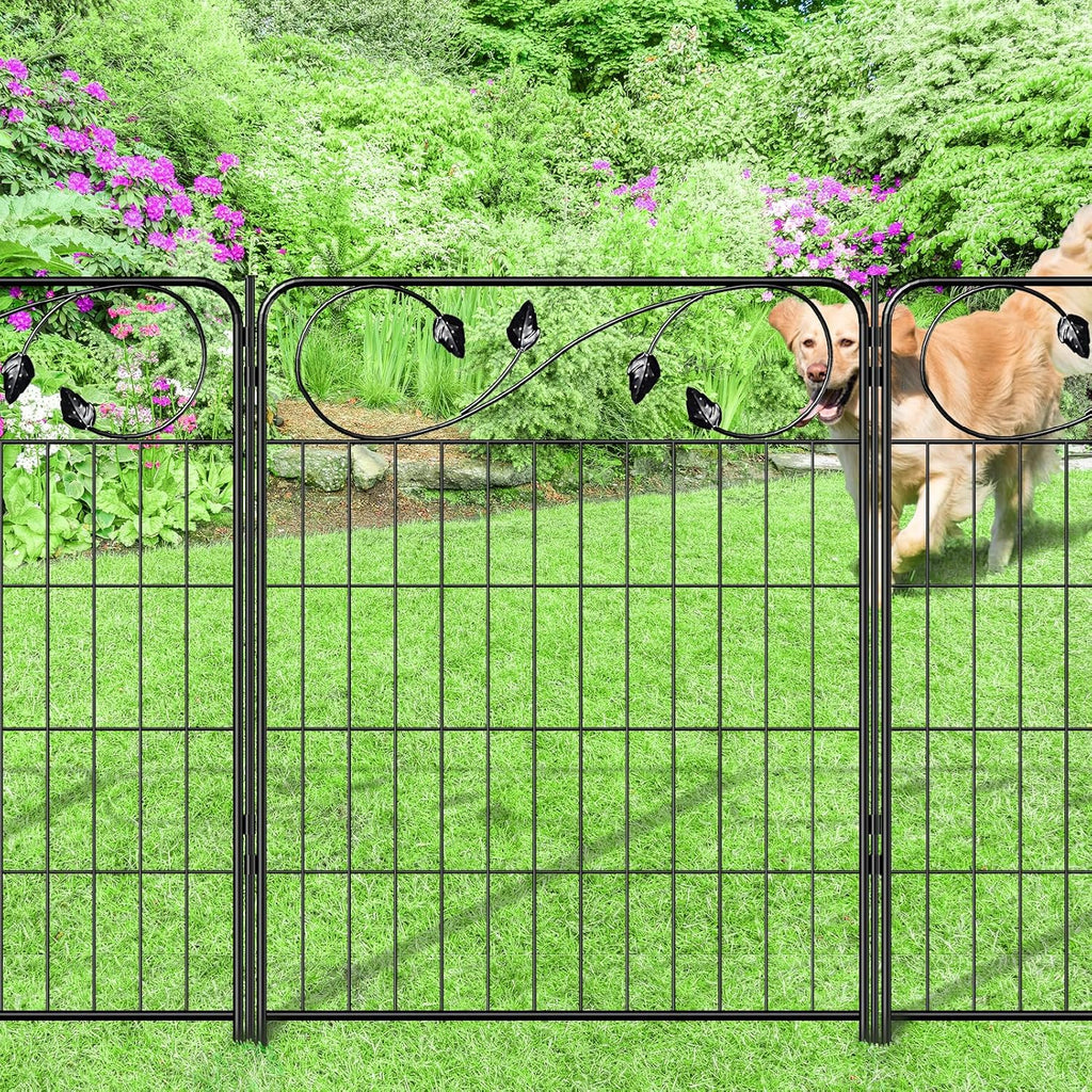 Decorative Outdoor Garden Fence 30in(H) X12ft(L) 6 Panels+7 Stakes Leaf Black Metal Garden Fencing for Landscape Lawn Patio, Temporary Animal Barrier Fences for Dogs