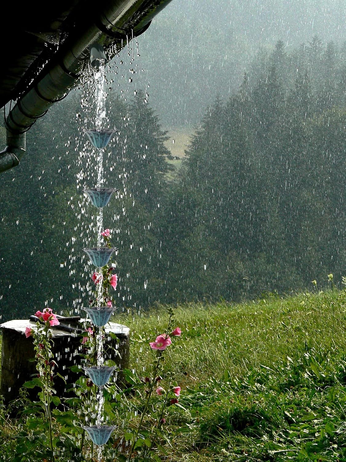 8.5FT Lotus Antique Blue Color Iron Rain Chains for Gutter and Rain Barrel, Rust-Resistant Plated Garden Décor Rain Chain for Downspout, Bonus Rain Chain Gutter Adapter