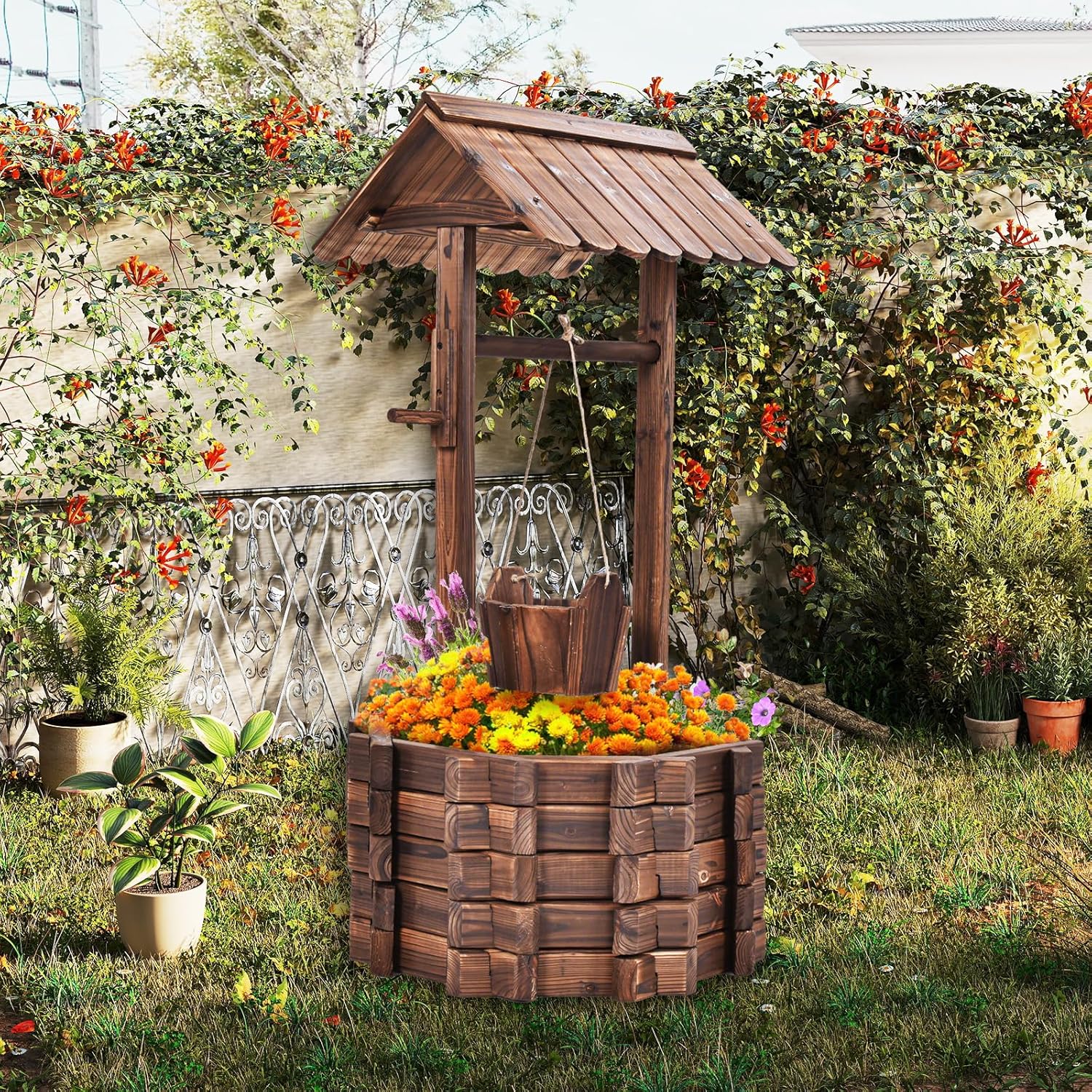 Tangkula Outdoor Wishing Well Planter, Old-Fashioned Wood Wishing Wells for Yard, Rustic Farmhouse Decoration for Garden, Backyard, 46 Inch Tall (22" x 22" x 45")