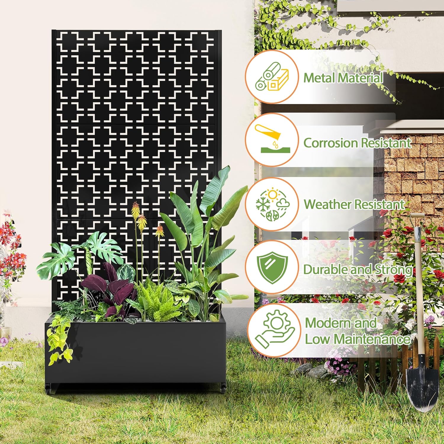 Raised Garden Bed with Trellis and Wheels,73"x35"x16" Metal Raised Garden Bed,Black Squared Metal Planter with Climbing Trellis for Vines & Vegetables