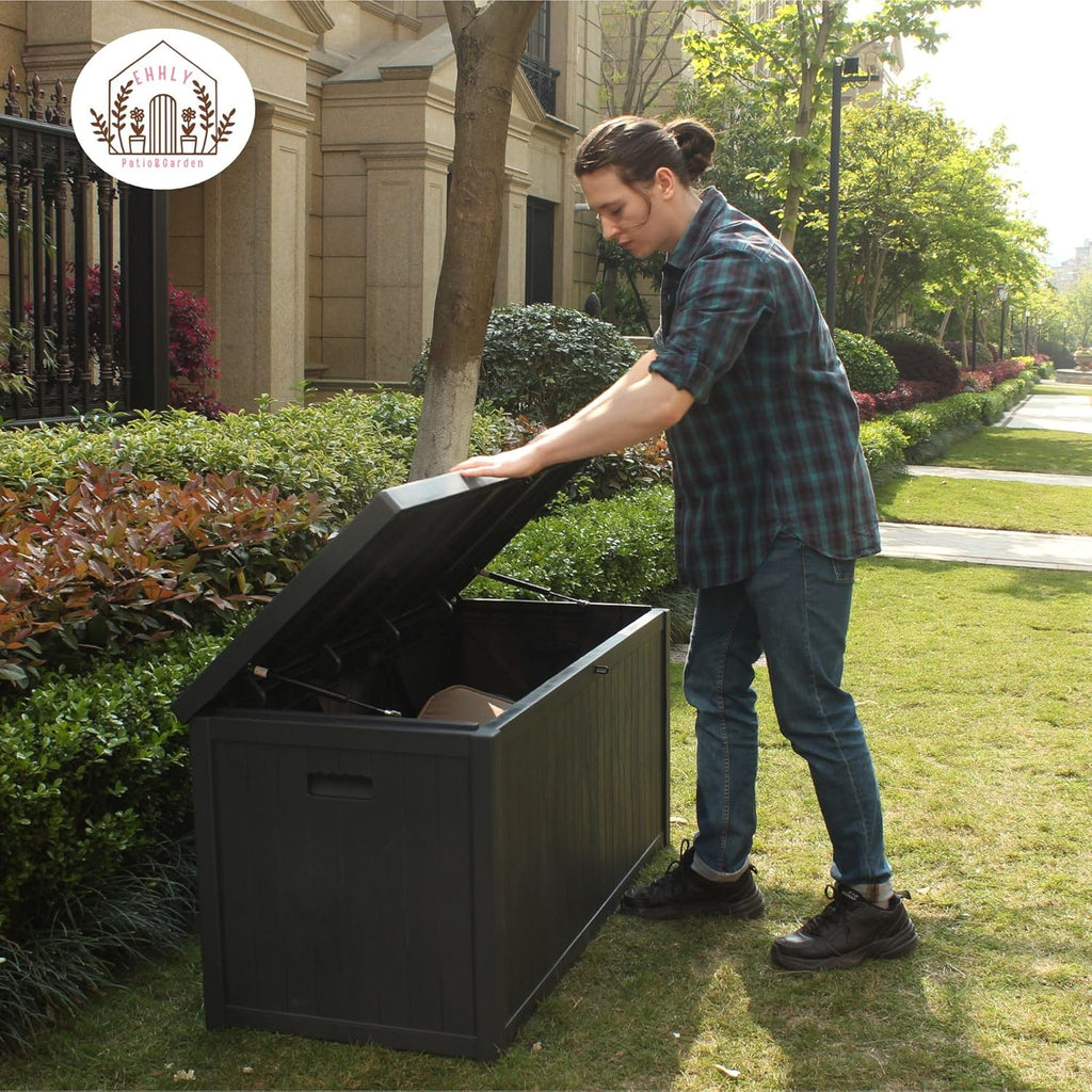 120 Gallon Outdoor Storage Box Large, Lockable Outside Containers Waterproof Patio Cushions Storage Deck Boxes, Plastic Garden Hose Boxes Resin Pool Storage Bins, Grey