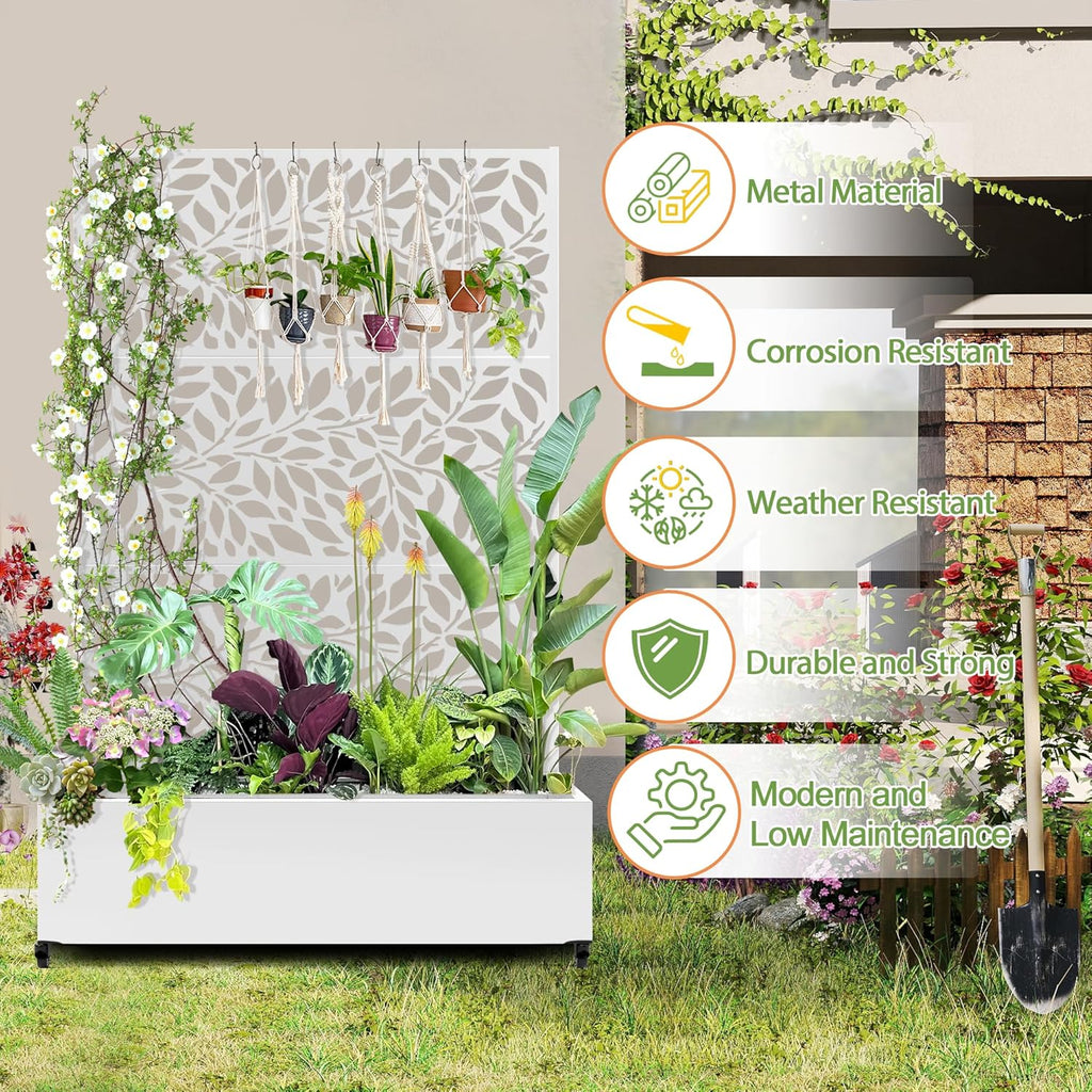 Raised Garden Bed with Trellis and Wheels,73"x47"x16" Metal Raised Garden Bed,White Flowing Leaf-2 Metal Planter with Climbing Trellis for Vines & Vegetables