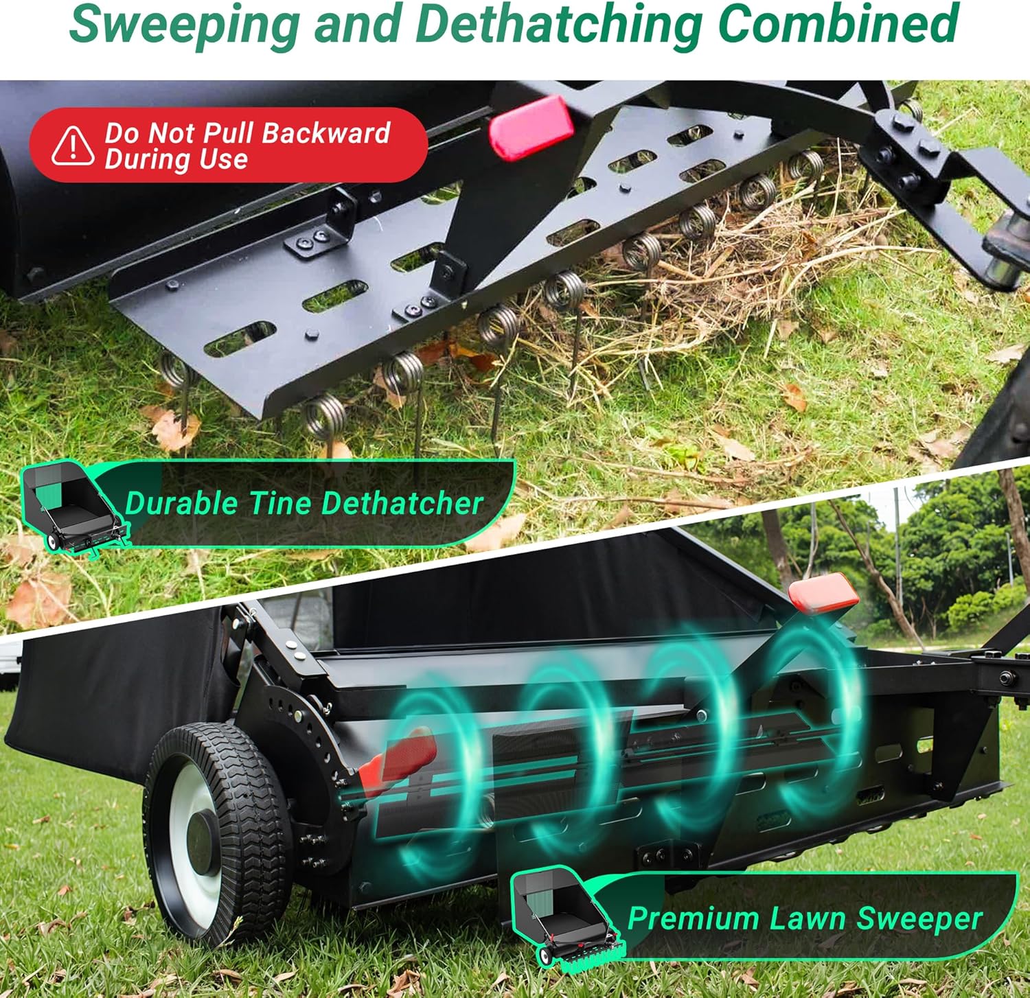 Suchtale 42" Tow Behind Lawn Sweeper with Dethatcher – 21 Cu. Ft. Leaf Collector with Adjustable Sweeping Height, Large Hamper Windscreen for Lawn, Yard, & Artificial Grass, Tractor/Mower Attachments