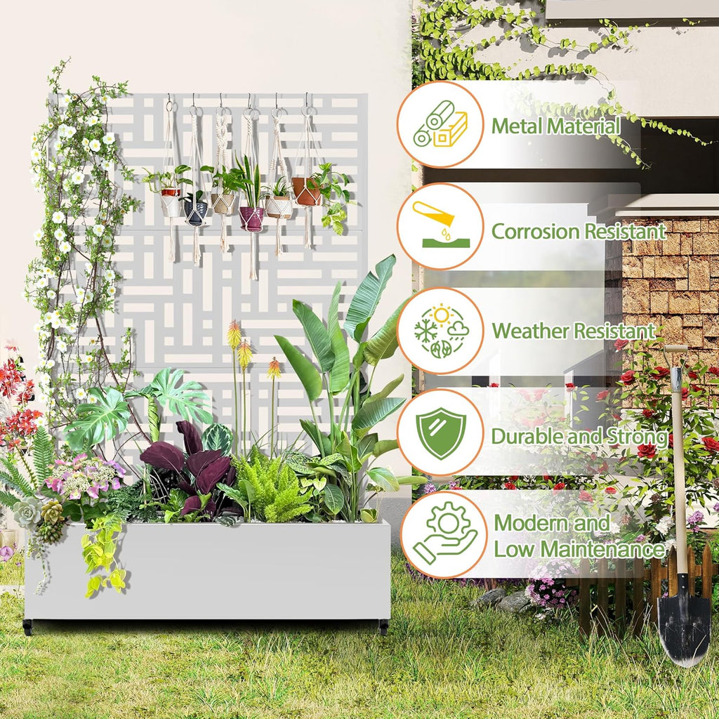 Raised Garden Bed with Trellis and Wheels,73"x47"x16" Metal Raised Garden Bed,White Modern Metal Planter with Climbing Trellis for Vines & Vegetables