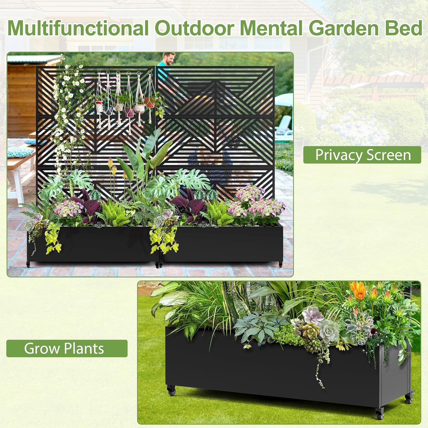 Raised Garden Bed with Trellis and Wheels,73"x47"x16" Metal Raised Garden Bed,Black Diamond Metal Planter with Climbing Trellis for Vines & Vegetables