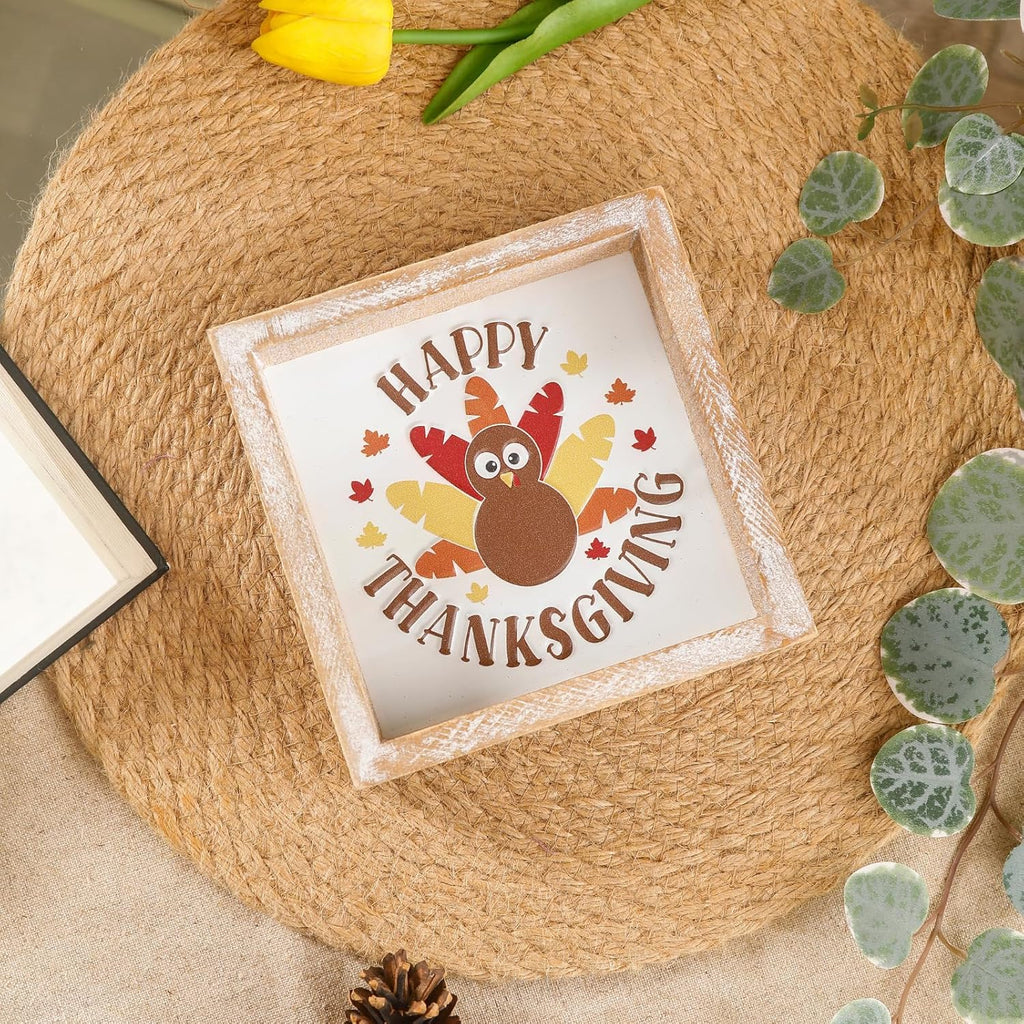 Embossed Happy Thanksgiving Sign, Thanksgiving Decorations for Table Cubicle Desk Mantel Fireplace, Vintage Autumn Decor Indoor Wooden Turkey Sign