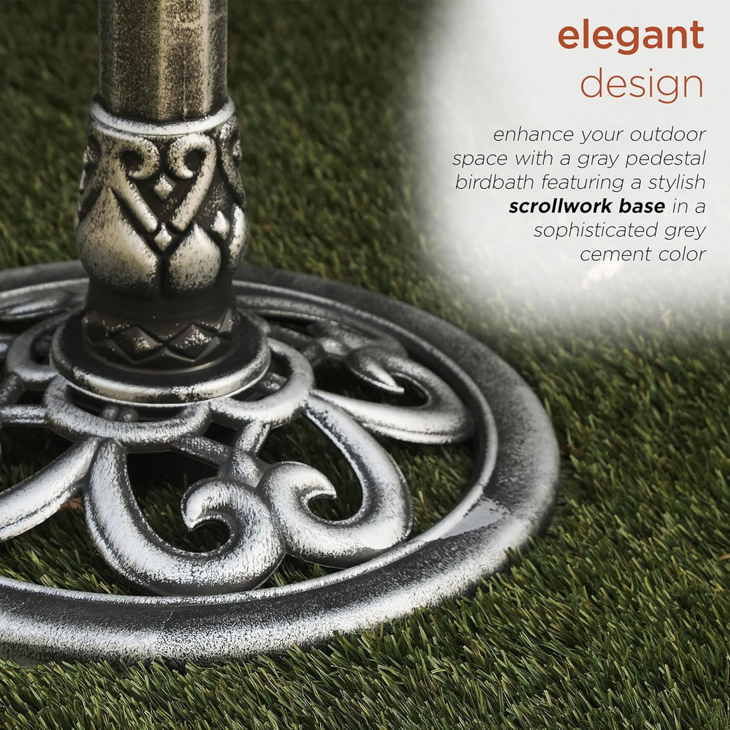 Alpine Corporation TEC116GR Outdoor Pedestal Birdbath w/Scrollwork Base and Stakes, Elegant Birdbath for Garden, 28" H, Gray