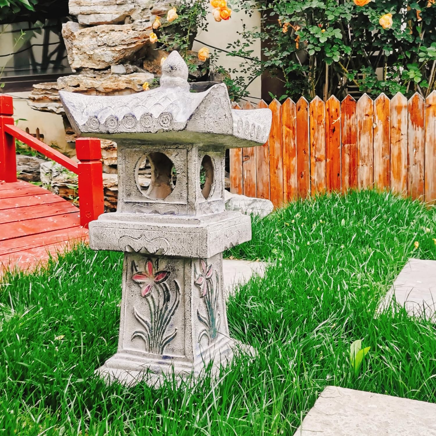 23.6’’High Asian Orchid Pagoda Statue Miniature Tower Lantern Garden Decoration Figurines Outdoor Japanese Decoration Zen Courtyard Landscape