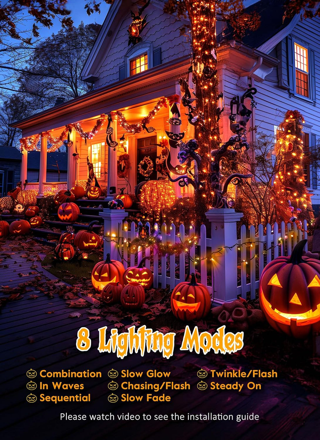 Brightown Orange Lights, 19.6Ft 240 LED Solar Fairy Lights, Halloween Lights Outdoor with 8 Modes, Waterproof Twinkle Fall Light for Patio Yard Trees Party, Black Wire
