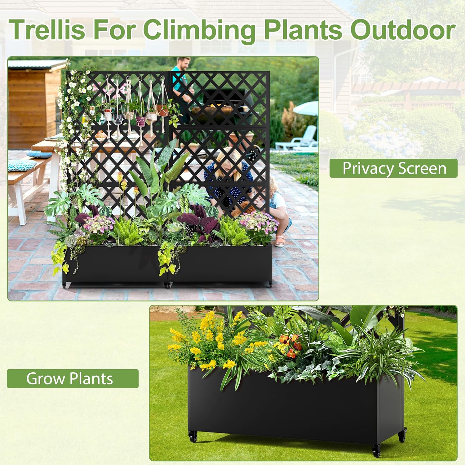 Metal Planter Trellis Box with Wheels & Drain Plug Outdoor Raised Garden Bed Patio Privacy Screen with Planter for Climbing Plants, Vegetables 73"x35"x16" Black-Diamond