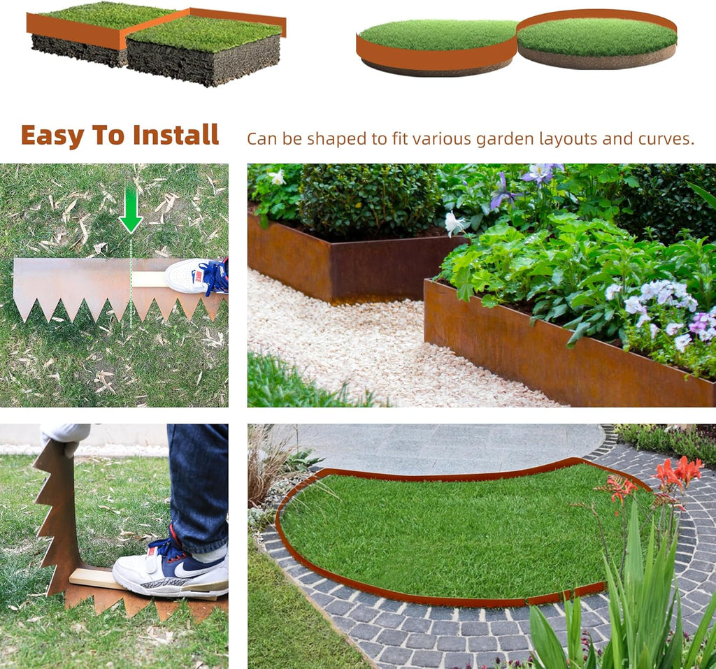 Solution4Patio 8-Pack Corten Steel Garden Landscape Edging with 9X Clips, 6" H Hammer-in Heavy Duty Bendable Metal Pre-Rusted Border Edging Strips for Lawn, Yard (26ft Total)