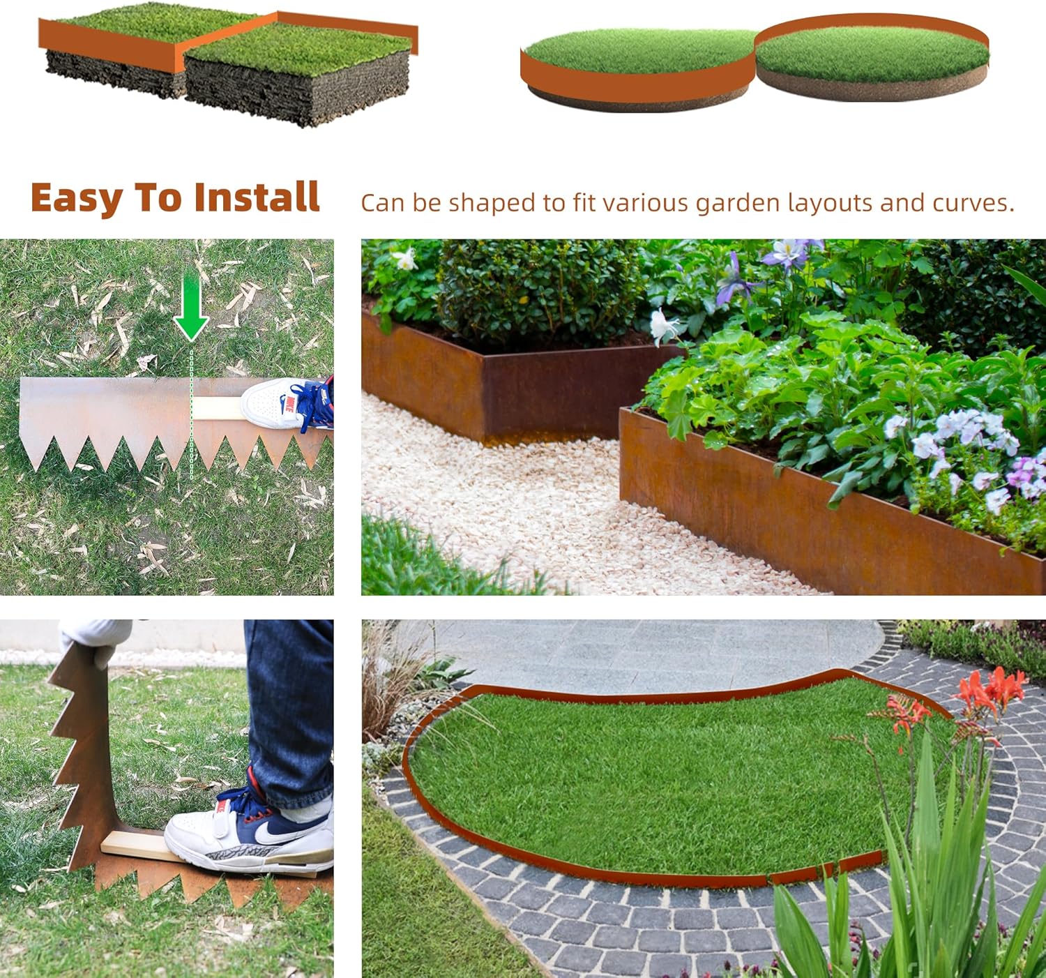 Solution4Patio 8-Pack Corten Steel Garden Landscape Edging with 9X Clips, 10" H Hammer-in Heavy Duty Bendable Metal Pre-Rusted Border Edging Strips for Lawn, Yard (26ft Total)