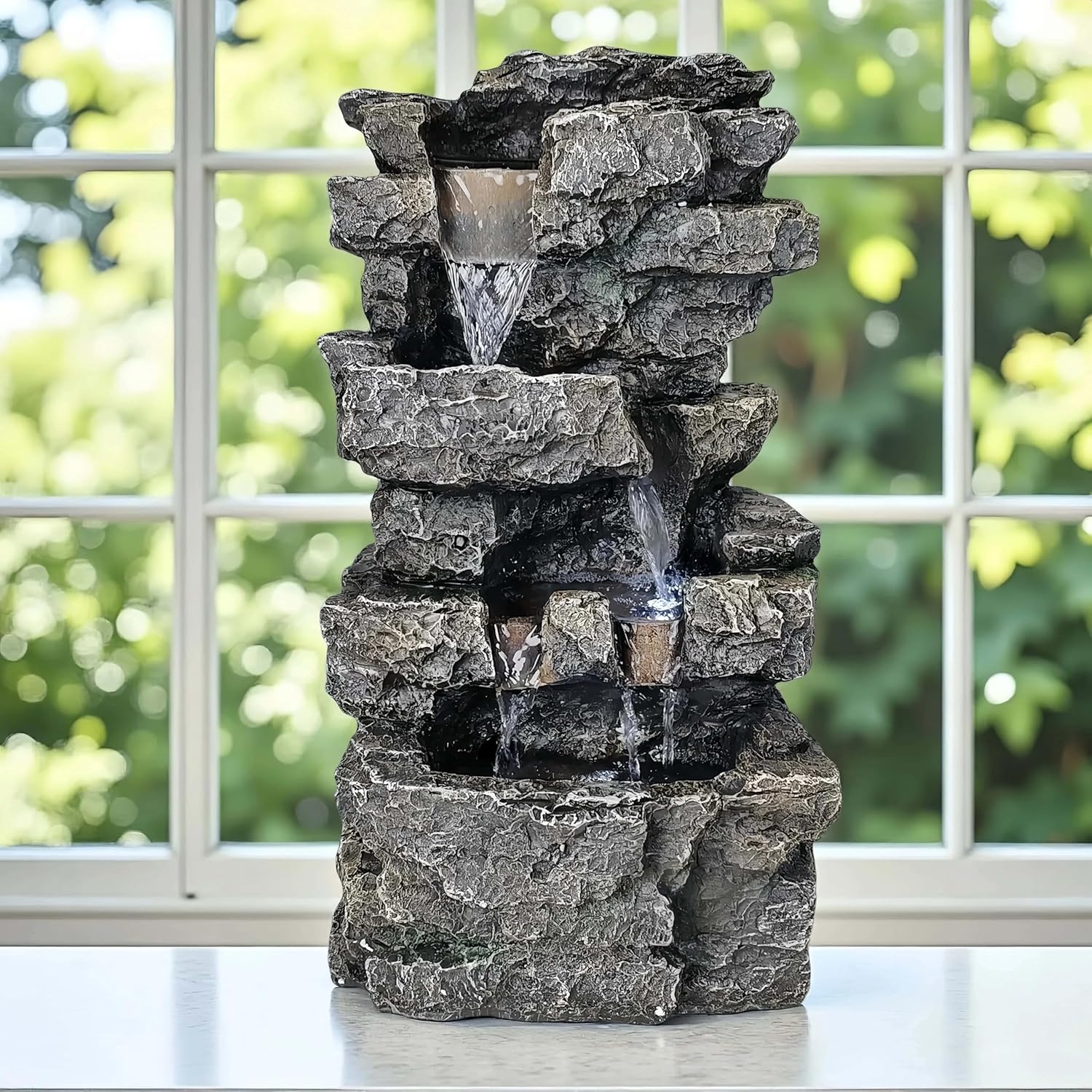 Tabletop Rock Waterfall Fountain with Led Lights - Indoor Decorative Desk Water Fountain, Multi-Tier Design, Quiet and Soothing, 6.29" l x 4.33" w x 11.02" h