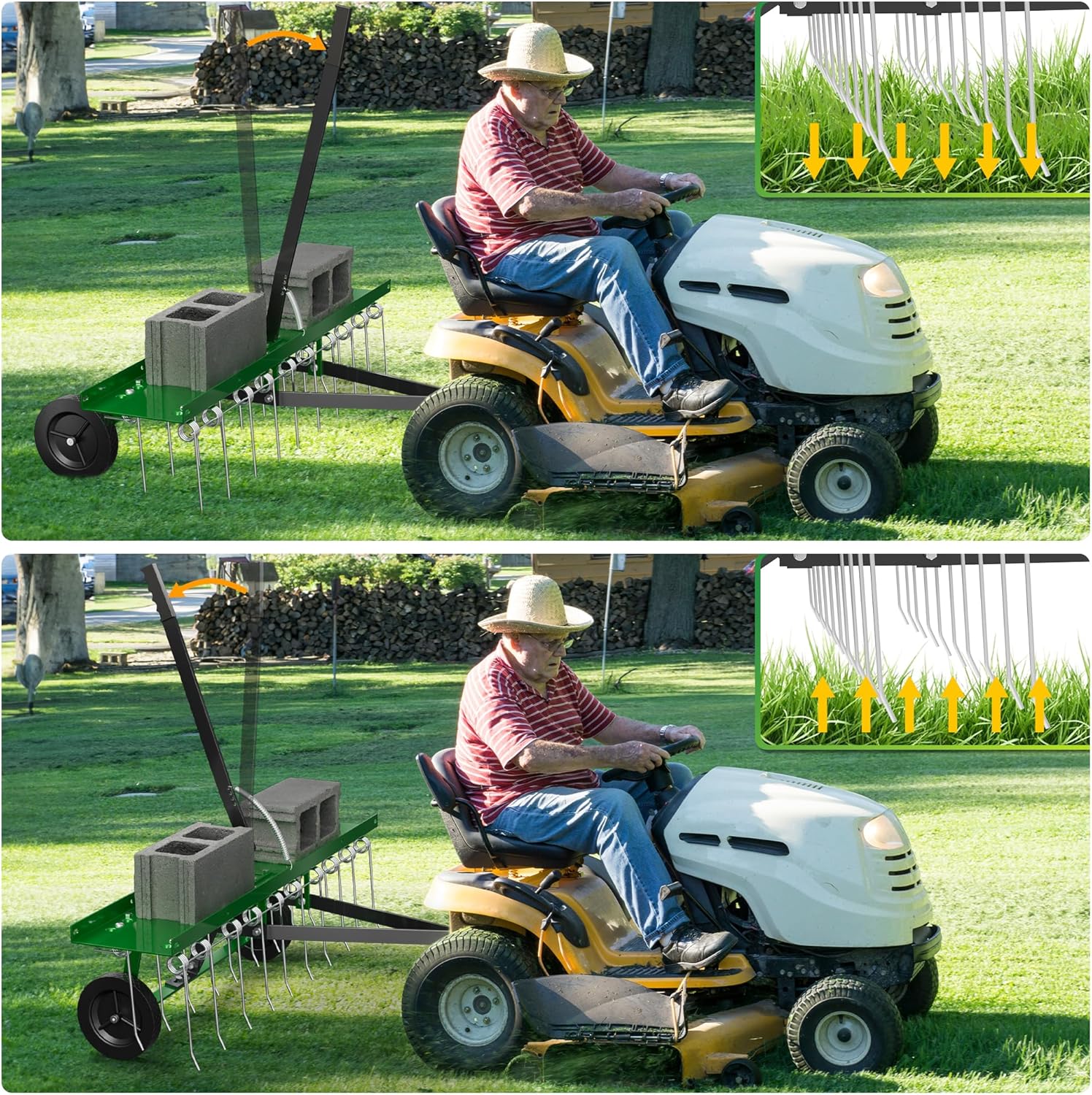 40 Inch Green Tow-Behind Dethatcher with 20 Spring Steel Tines, Pull Dethatcher for Outdoor Yard Care, Garden Farm Grass Tractor Rake to Remove Thatch, Leaves and Needles from Large Lawn Areas