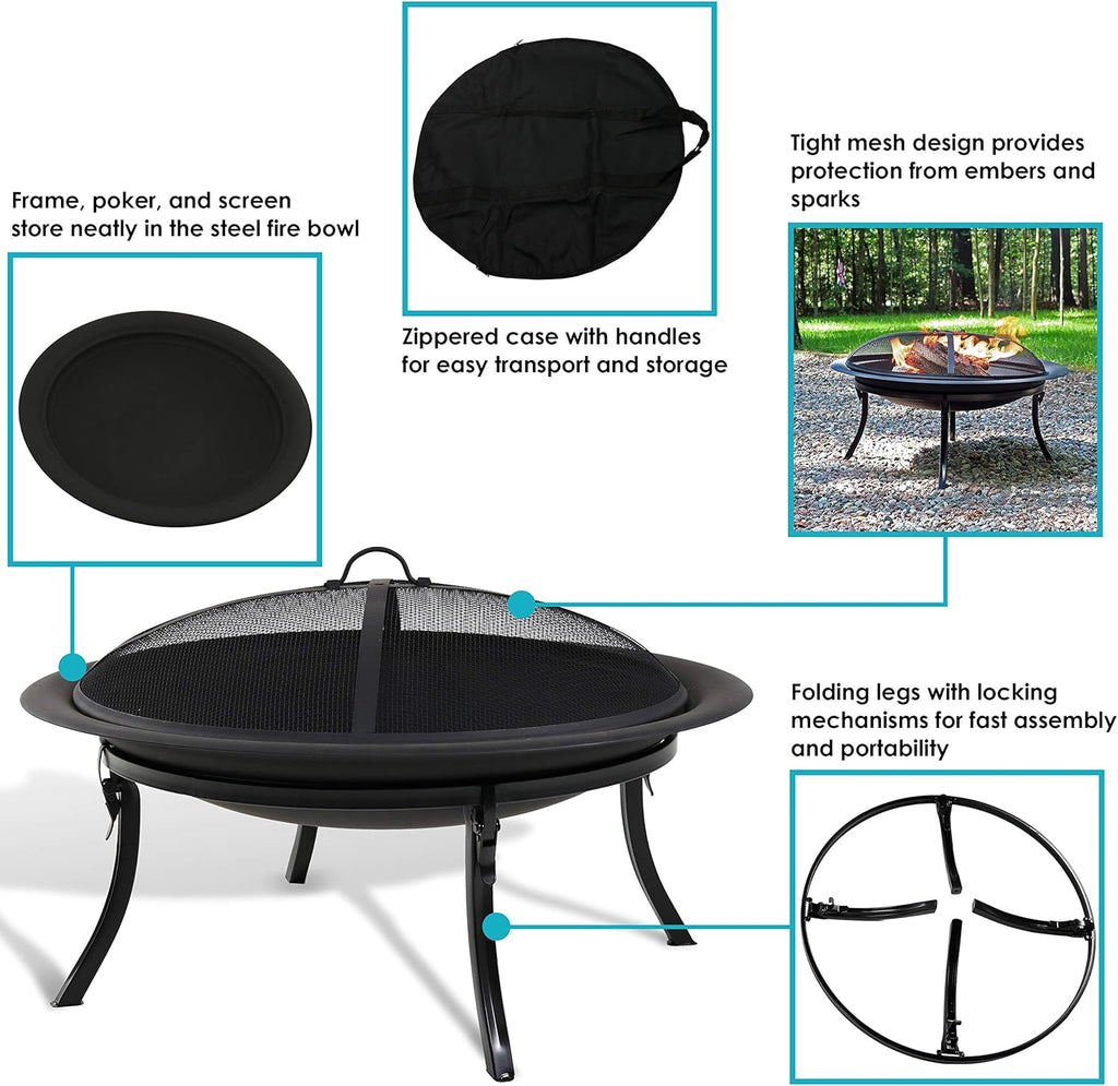 Sunnydaze 29-Inch Portable Fire Pit Bowl with Spark Screen, Fireplace Poker, Folding Stand, and Carrying Case Cover