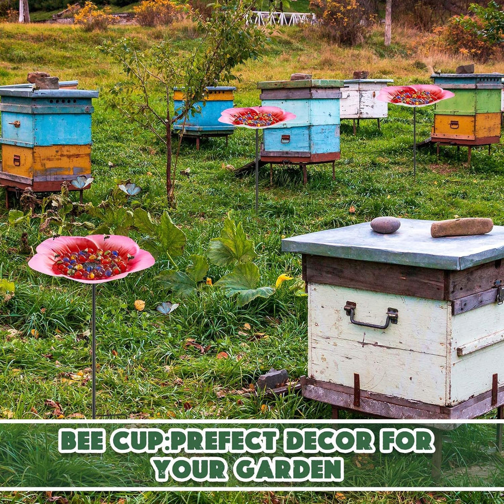 Tandefio Vivid Flower Bee Watering Station Metal Butterfly Water Feeder Cup with 30 Colorful Glass Marbles Bee Feeder Butterfly Bath Bowl for Garden Outdoor Yard Decors(Pink,Flower)