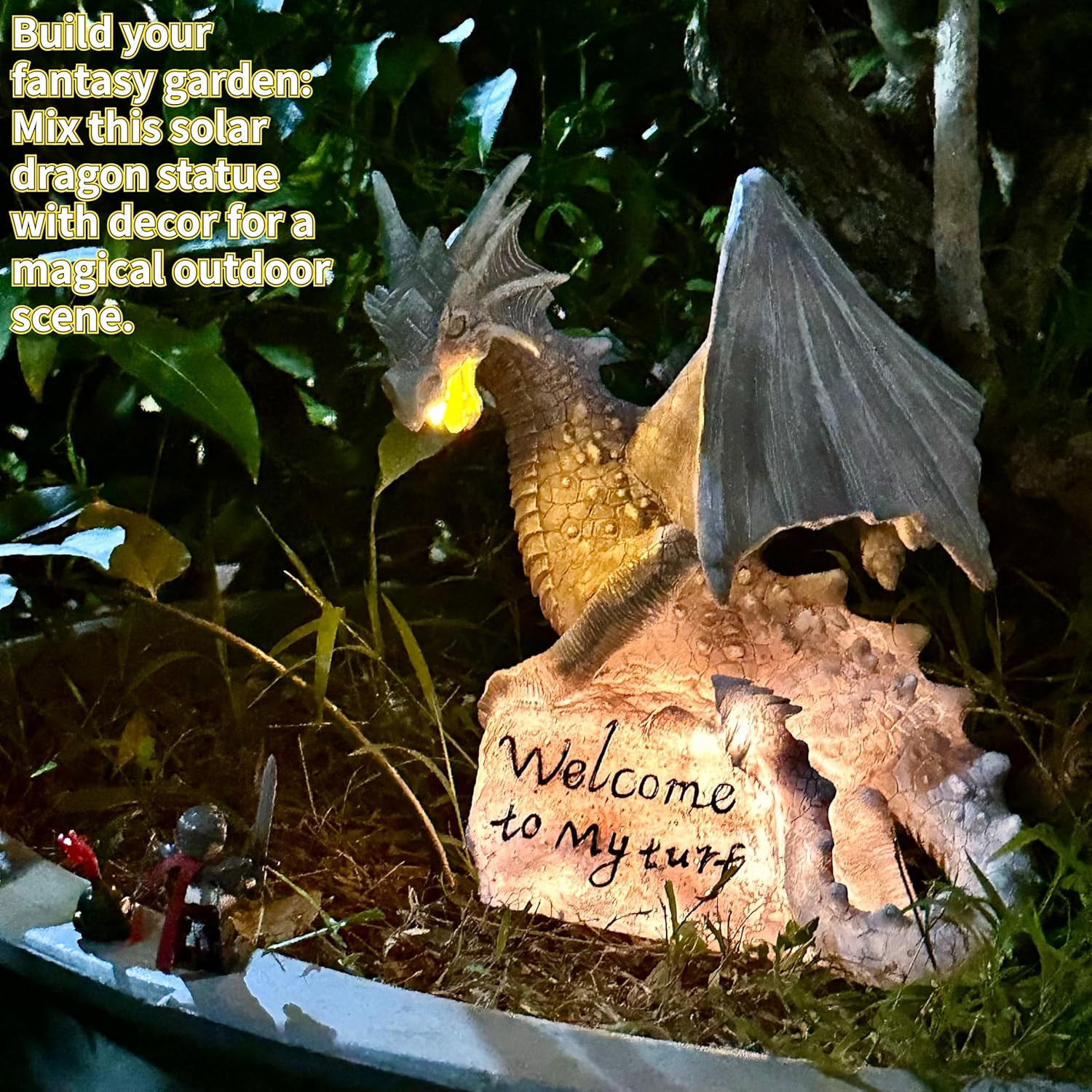 Garden Large Dragon Statue Solar Powered Outdoor Figurine Light The Dragonfire Welcome to My Turf Sign Big Resin Sculpture Home Decoration Housewarming Ornament Unique Gift