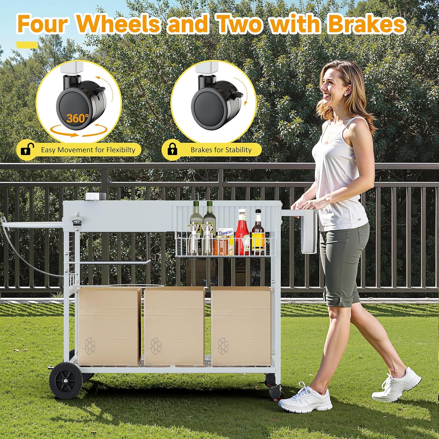 JY QAQA Grill Table for Weber 22" & 18" Original Kettle, Stand Cart for Jumbo Joe, Master-Touch, Performer Charcoal Grills with Sliding Lid Rack, Spacious Surface, Lockable Wheels for Outside