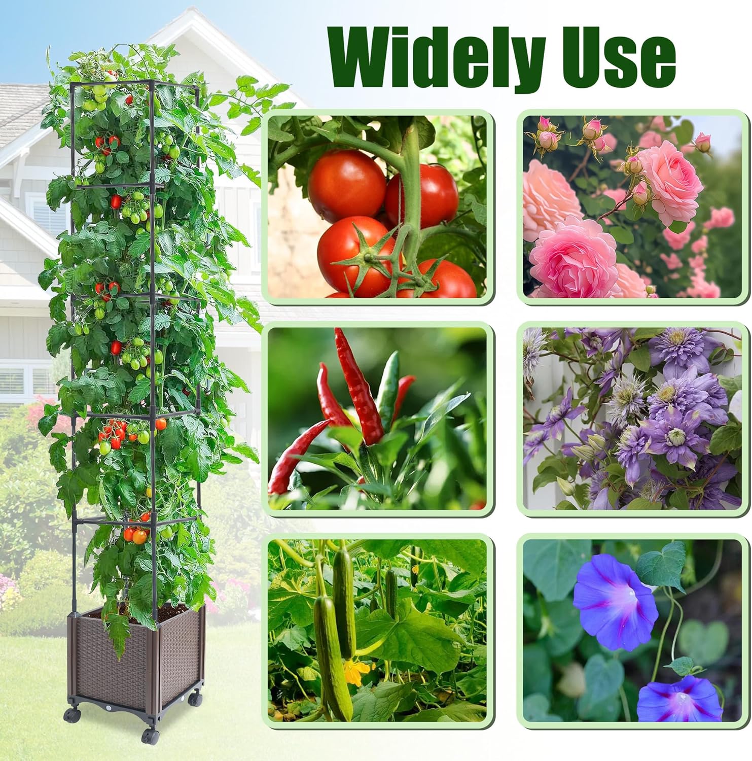 Raised Garden Bed Planter Box with Trellis, 62.2" Self-Watering Tomato Planters for Climbing Plants Vine Flowers Outdoor Patio, Tomatoes Cage with Trellis Wheels for Outdoor, 1Pack