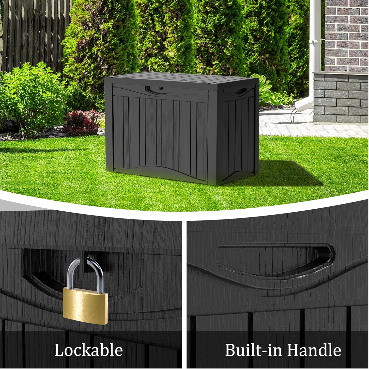 50 Gallon Plus Resin Deck Box, Waterproof Outdoor Storage Bin for Patio, Poolside, and Garden, Lockable & UV-Resistant, Ideal for Small Spaces, Black