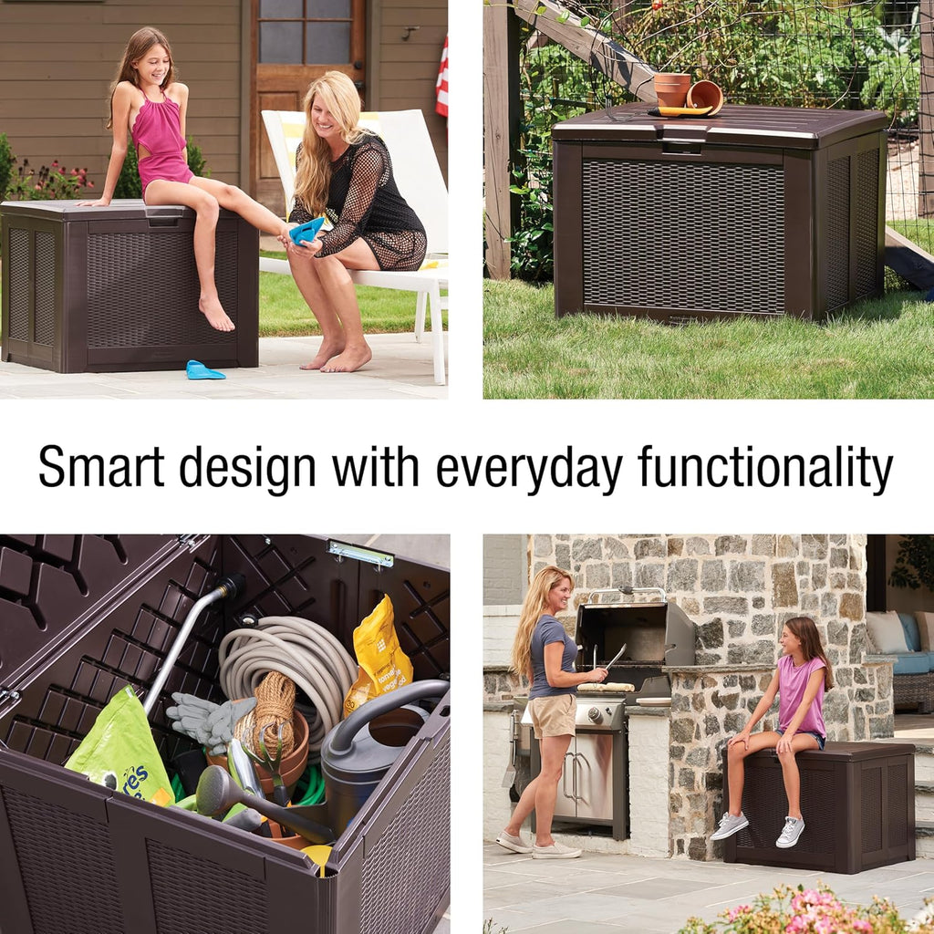 Rubbermaid Medium Resin Outdoor Storage Deck Box (74 Gal) Weather Resistant Brown Deck Organization for Home/Backyard/Pool Chemicals/Toys/Garden Tools/Porch/Patio Cushions
