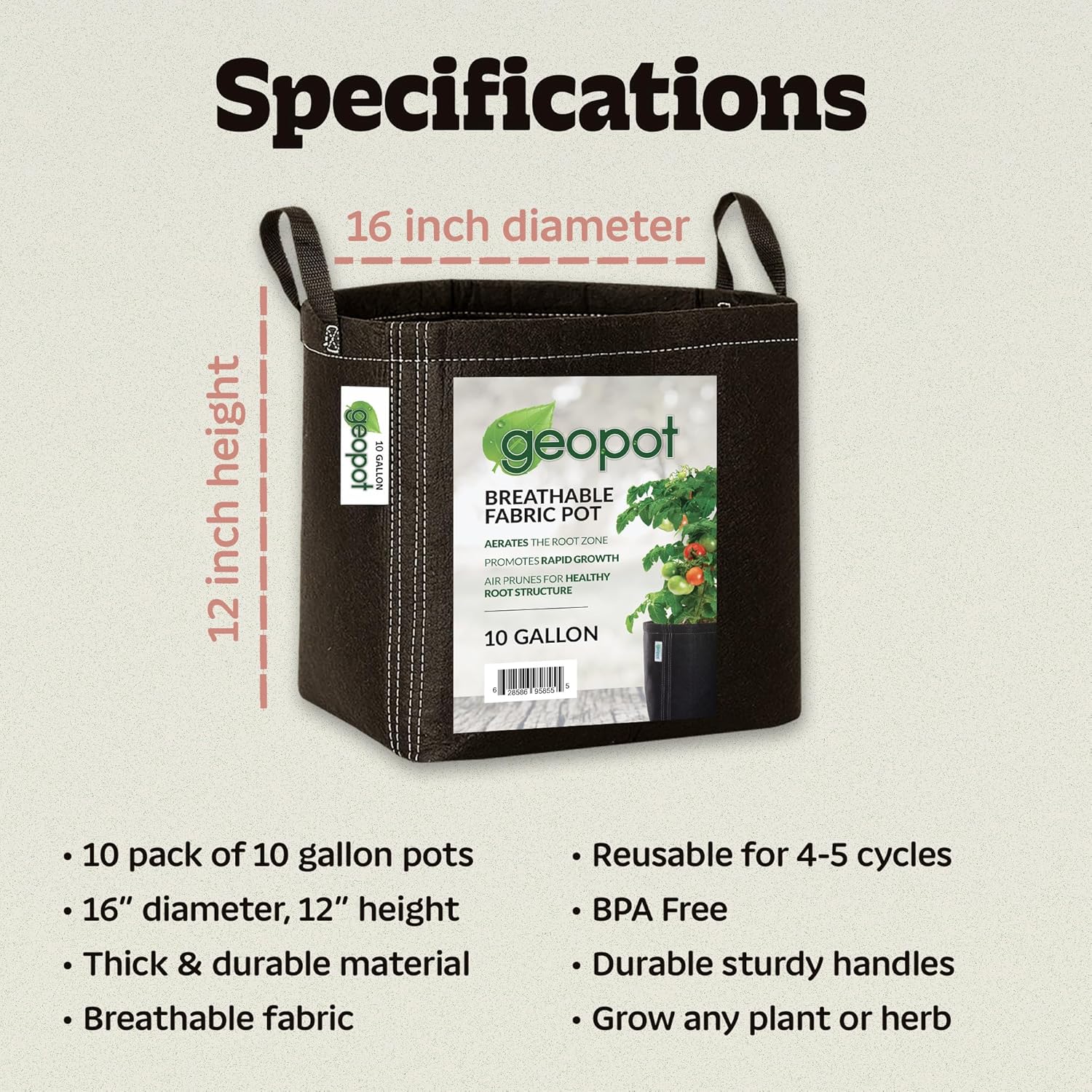 10 Gallon Fabric Grow Bags with Handles for Vegetables, Houseplants, Herbs & Flowers |5-Pack| Fabric Pots for Outdoors and Indoors, Aerated Fabric Grow Bags