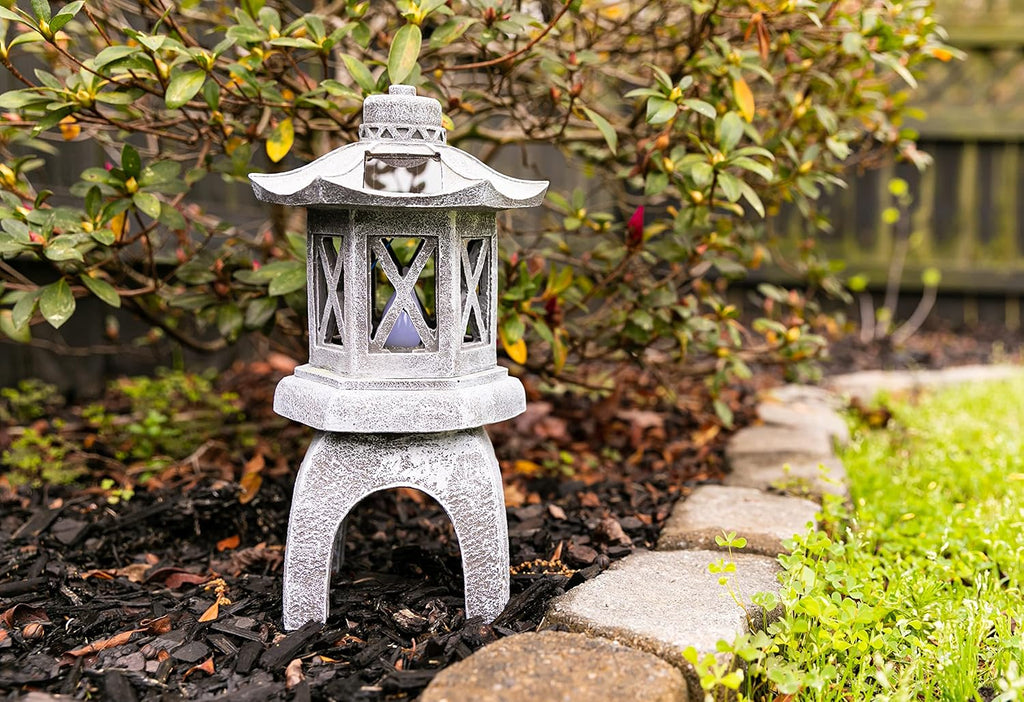VP Home Solar-Powered Pagoda Garden Statues - Japanese Zen Lantern Outdoor Decor with Flickering LED Light - Durable Polyresin for Yard, Patio, or Garden - 12 x 7 x 6 Inches (Zen Garden Pagoda)