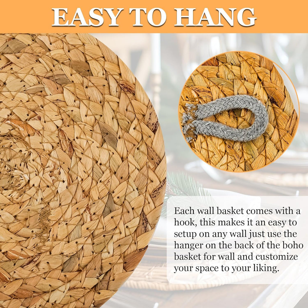 Boho Wall Basket Decor Set of 9, Woven Hanging Wall Decor Seagrass Rattan Wicker Round Handmade Rustic Flat Elegant Wall Art for Farmhouse Living Rooms Bedrooms Display Table Settings Kitchen Home