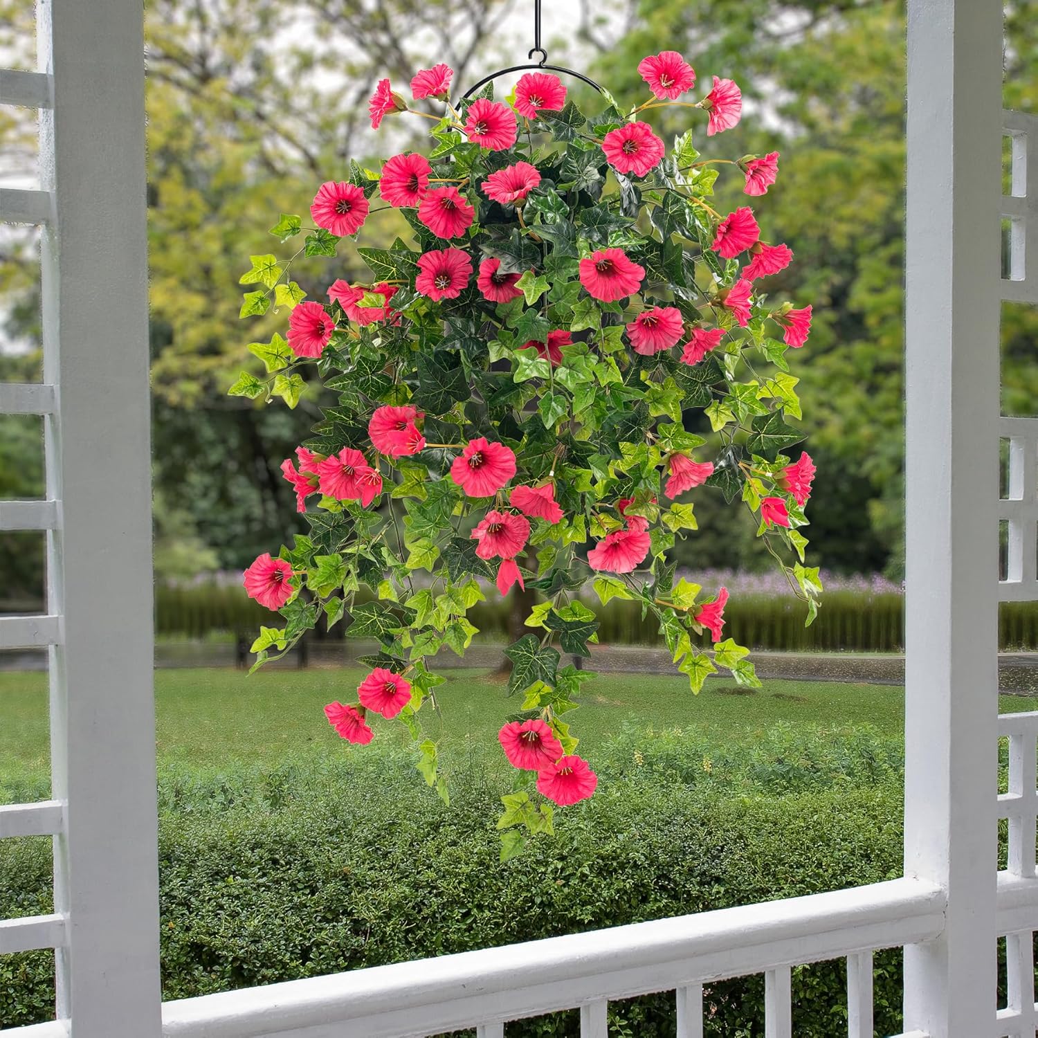 Artificial petunia plant Faux greenery Outdoor decoration hanging basket trumpet flower Garden Indoor balcony Decoration, Red