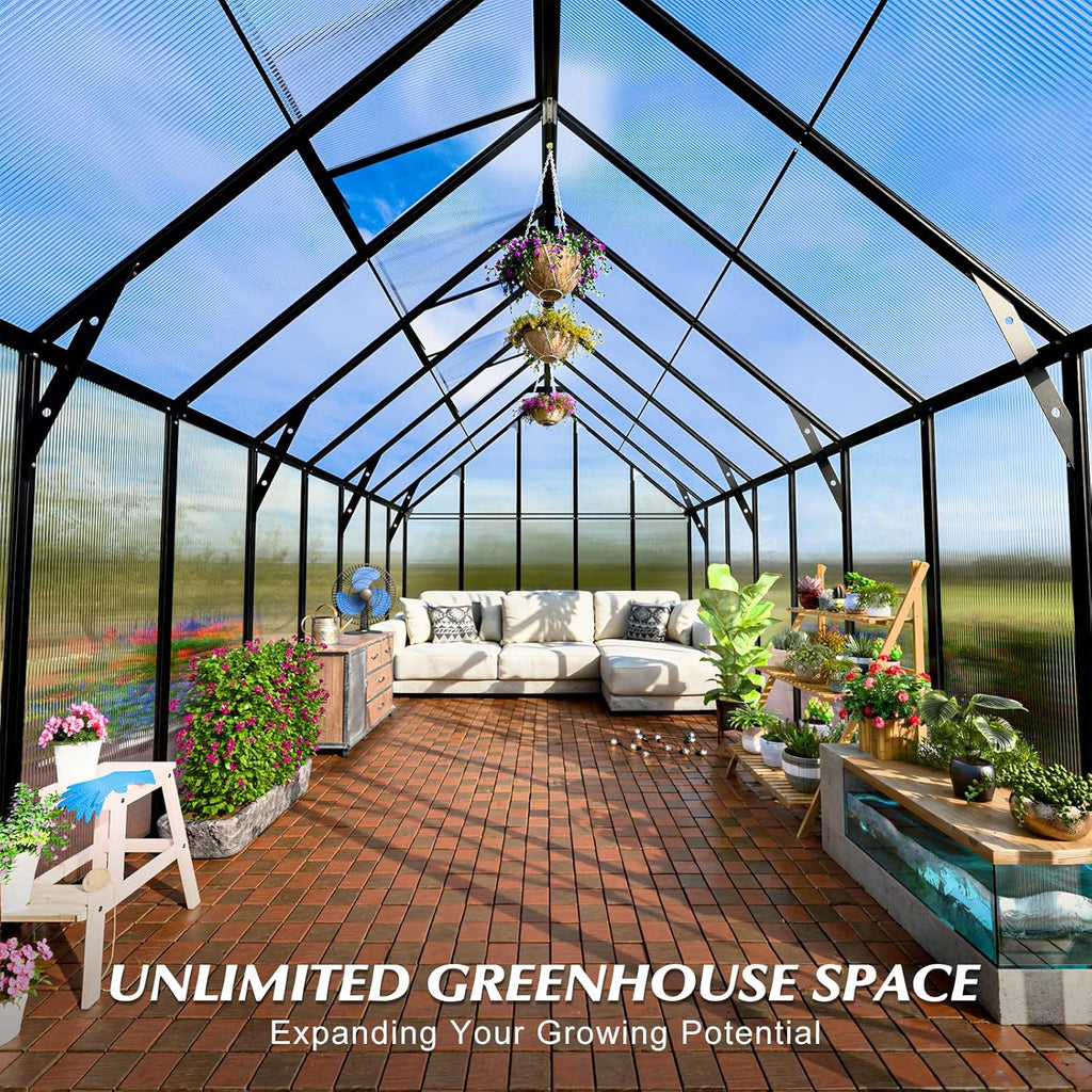 10'x10'x16' Snap-Together Greenhouse - Easy 3-Way Connectors, Heavy-Duty Aluminum Frame, Wind/Snow Resistant for Gardening/Urban Farming, Includes Sliding Door & Ventilation Windows