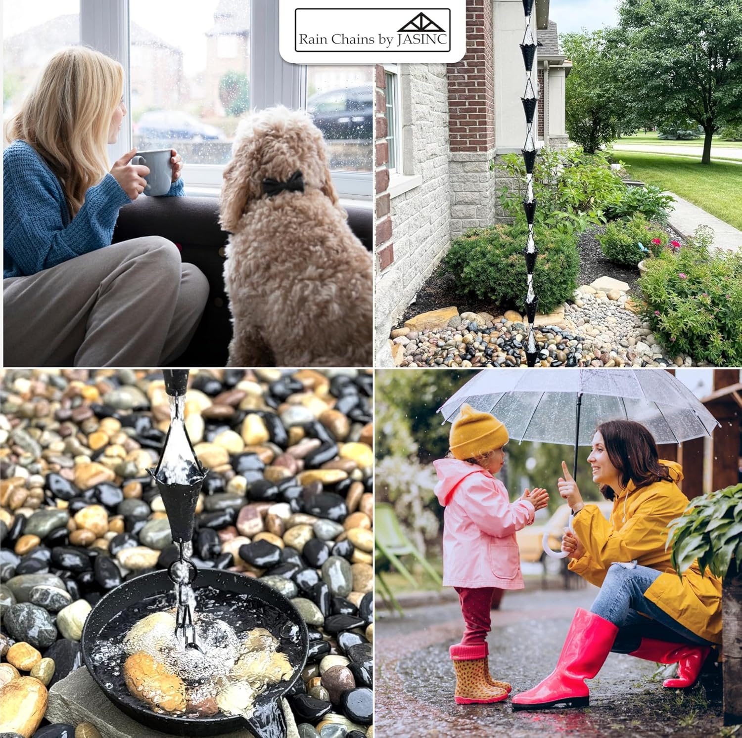 8.5 ft Leaf Cups Black Powder Coated, to Replace Roof Gutter Downspout, with Installation Kit, Rainwater Catcher/Water Diverter, JAS8002BLK