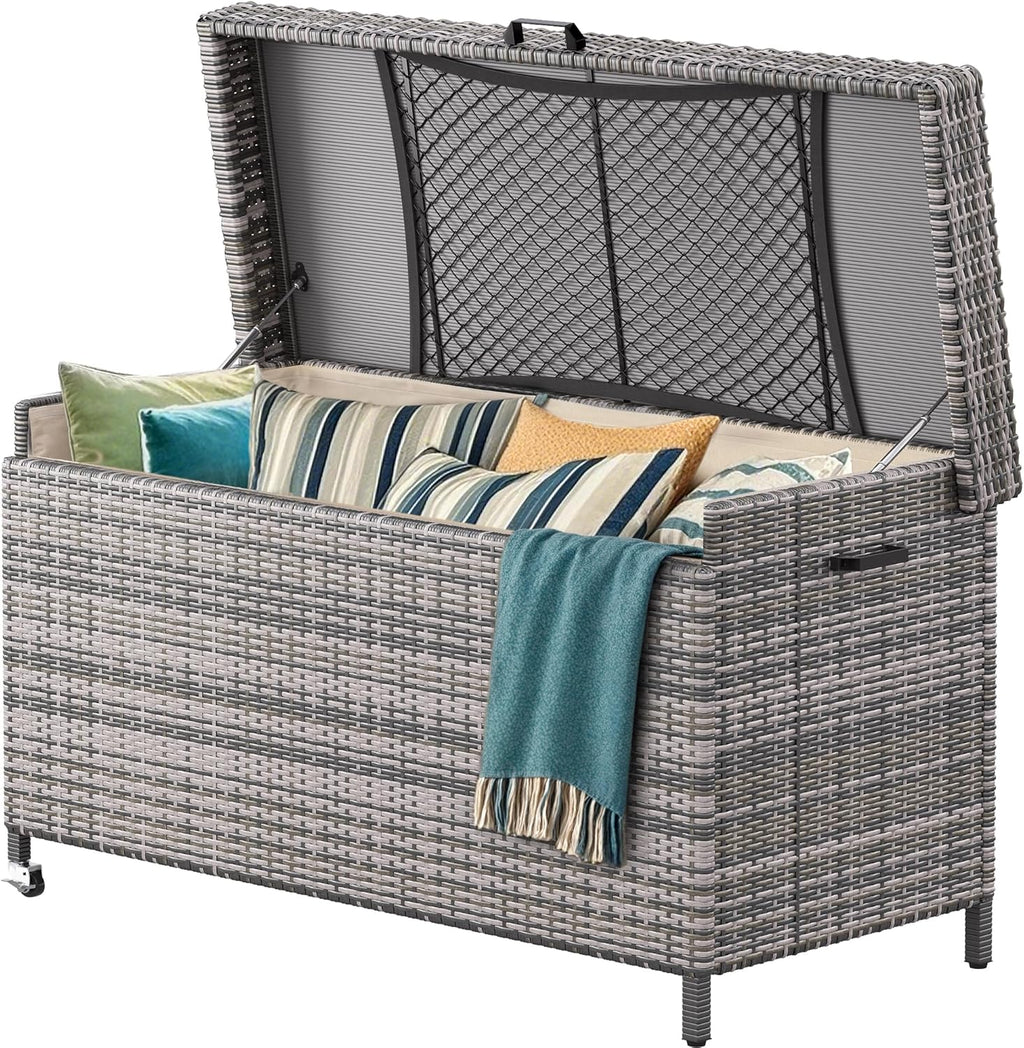 YITAHOME 200 Gallon Large Wicker Deck Box w/Storage Net, Rattan XL Outdoor Storage Box Patio Cushion Storage, Patio Storage Box for Garden Tools, Pool Sports Equipment (Grey)