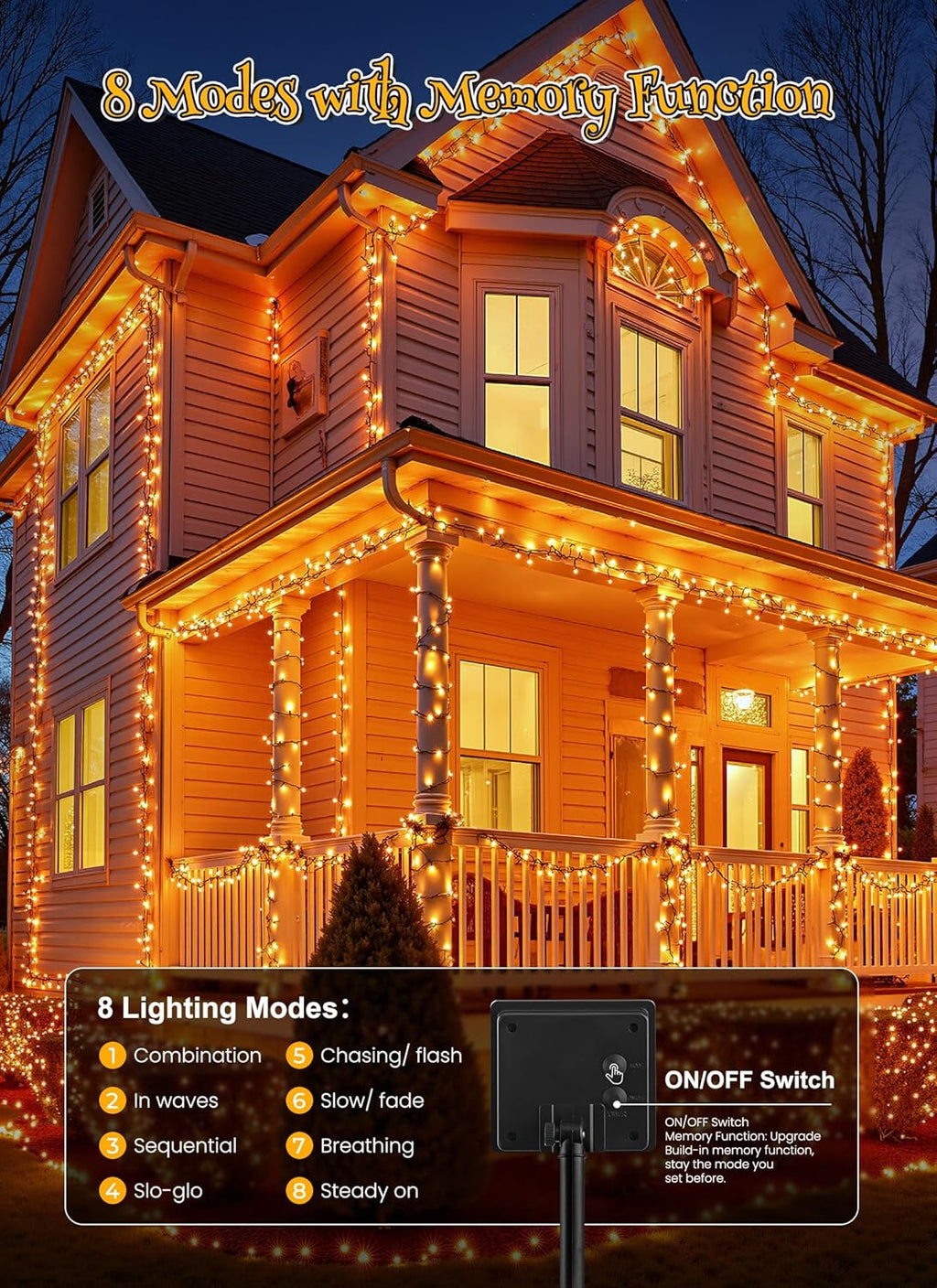 Brightown 4 Pack Solar Halloween Lights, Total 184FT 480 LED Solar String Lights Outdoor Waterproof Black Wire with 8 Modes, Solar Fairy Light for Garden Yard Patio Party Decors, Orange