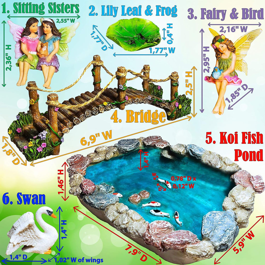 Mood Lab Fairy Garden Fish Pond Kit - Miniature Bridge Set of 6 pcs Fairy Garden Figurines & Accessories - Outdoor or House Decor