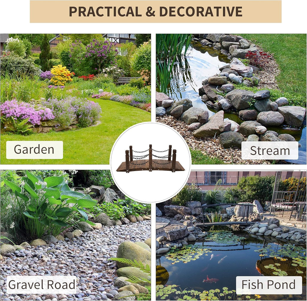 Outsunny 5 ft Wooden Garden Bridge Arc Footbridge with Metal Chain Railings & Solid Fir Construction, Carbonized