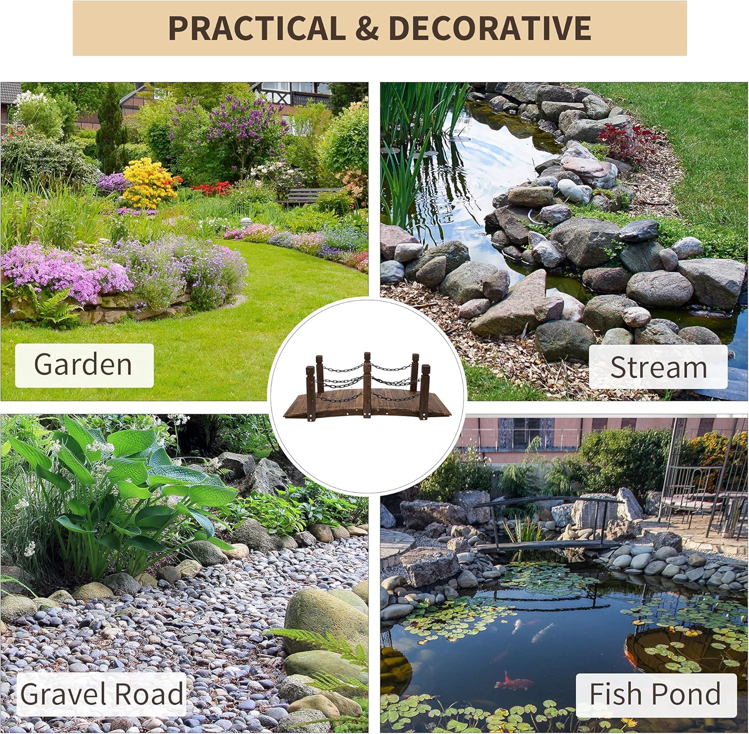 Outsunny 5 ft Wooden Garden Bridge Arc Footbridge with Metal Chain Railings & Solid Fir Construction, Carbonized