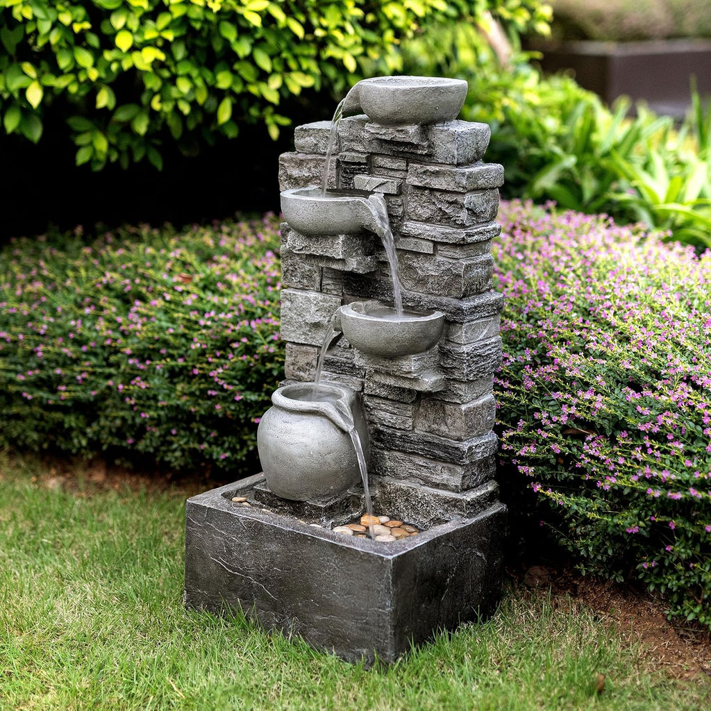Teamson Home 28.5" Outdoor 4-Tier Stacked Stone Cascading Water Fountain with LED Lights, Gray