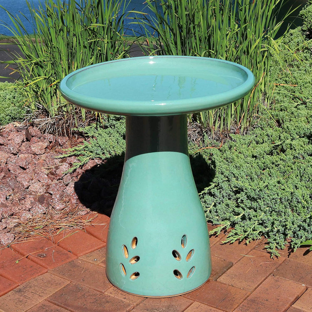 Sunnydaze 21" H Ceramic Bird Bath for Outside - Hand-Painted Outdoor Bird Bath Bowl, UV/Frost-Resistant Finish - Seafoam - Cut Out Pedestal
