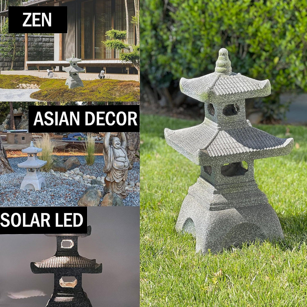Galt International 2 Tier Pagoda Garden Statue LED Solar Powered Light 26" Tall Outdoor Zen Garden Lantern Landscape Lawn Asian Pagoda Stupa Decor Grey Resin